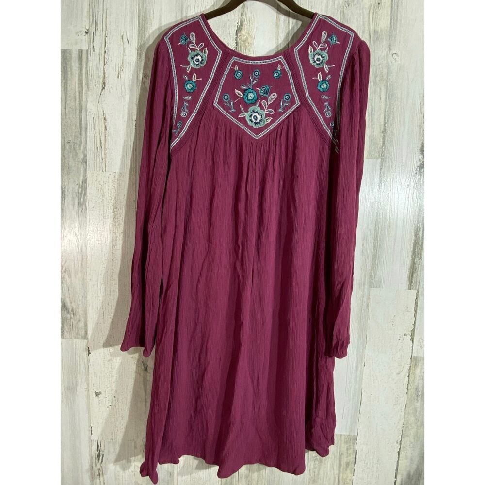 Blue Rain Womens Mini Dress Size Medium Maroon Purple Embroidered Gauzy Boho